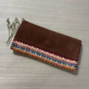 Multi Color Boho Woven Basketweave Clutch with Brown Suede Flap